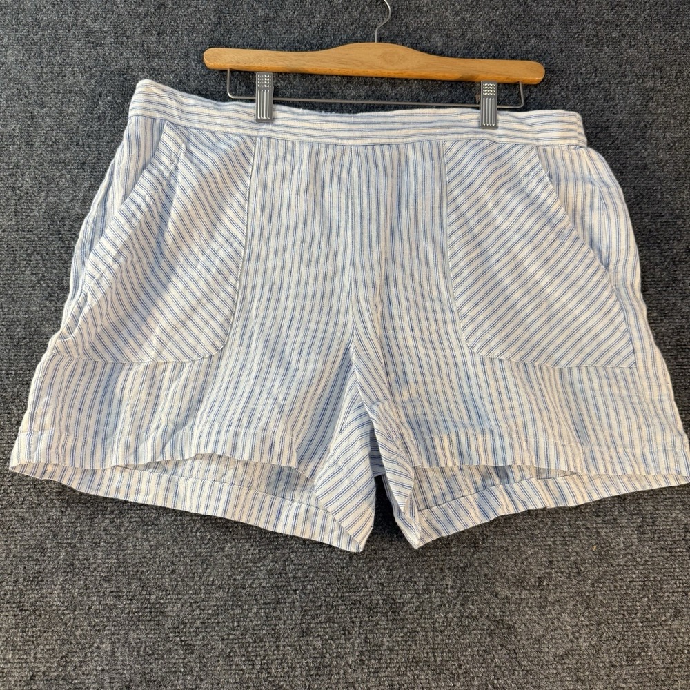 Ellen Tracy 100% Linen Shorts Womens Large Blue White Stripe Pull On Coastal‎